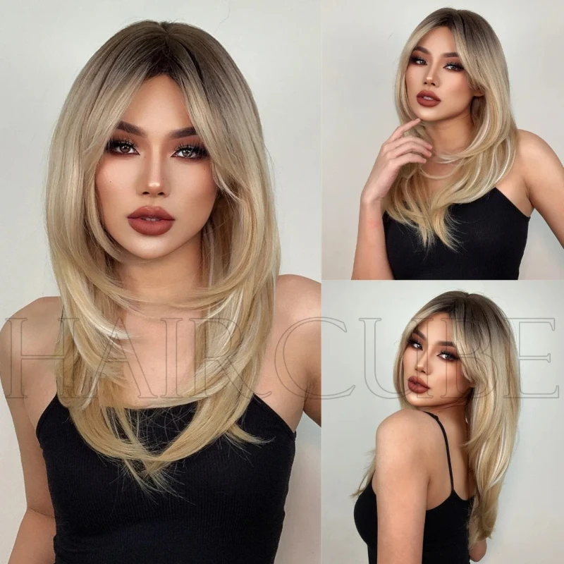 

Европейская и американская женская парика с длинными челками, высококачественная парика с челкой в форме восьмерки, с градуированным переходом цвета, золотистая, на всю голову, механическая, с имитацией натуральных волос.