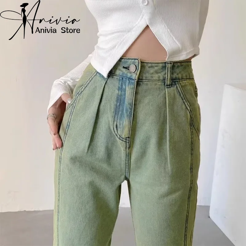 Harajuku Streetwear Retro Mode Frauen hohe Taille Jeans grün 2024 lose weites Bein gerade lose Jeans hose y2k Baggy Pants