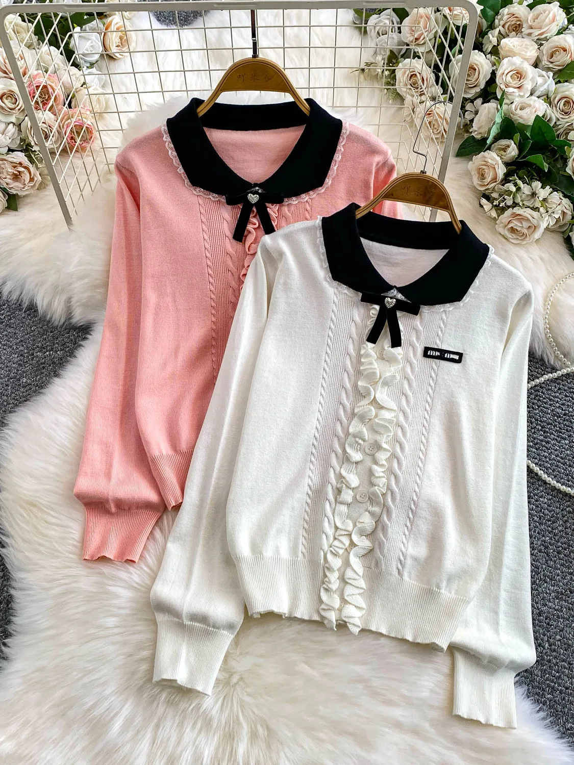 

Sweet Color Blo Knot Long Sve Knitted Sweater Women's Slim Fit Collar Autumn Winter Wood ain Top