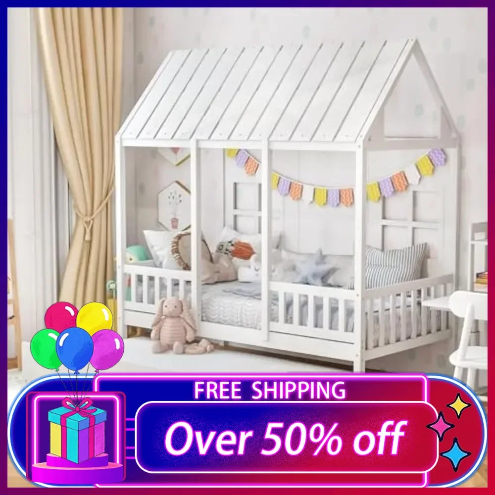 

Twin House Bed with Trundle, Kids Bed Frame with 82" Tall Roof, Windows and Guardrail, Wooden Playhouse Bed for Teens Boys Girls