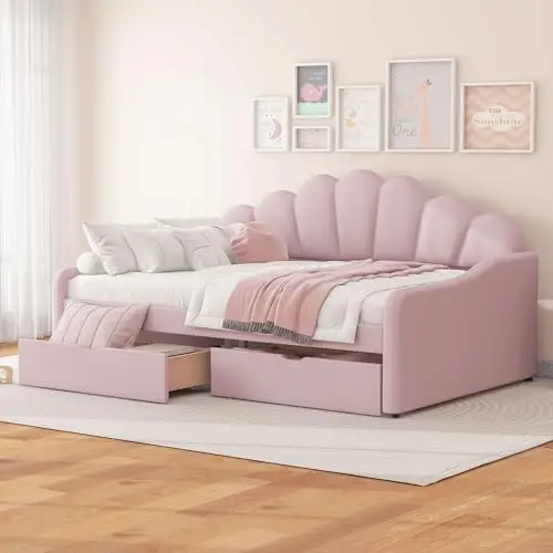 Full Size Upholstered Daybed Frame with Shell-Shaped Backrest & 2 Storage Drawers - Bedroom/Guest Room Sofa Bed (Pink)