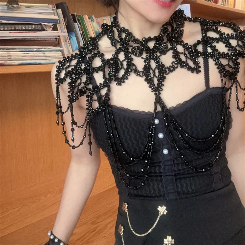 Necklace Women's Handmade Beaded Black Crystal WeddingDressShawl String Beads Chain Irregular Shape With Tassel AccessoriesProps