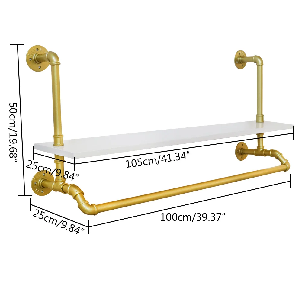 Imagem -04 - Montado na Parede Rack de Roupas Industriais Rack de Tubulação de Ouro Cabide Rústico Prateleira de Armazenamento de Vara Flutuante