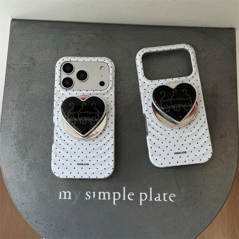 

Fashion Water Ripples Polka Dots Magnetic Cute Phone Case For iPhone 17 Pro 16 15 14 Pro Max Cover with Love Heart Stand For Mag