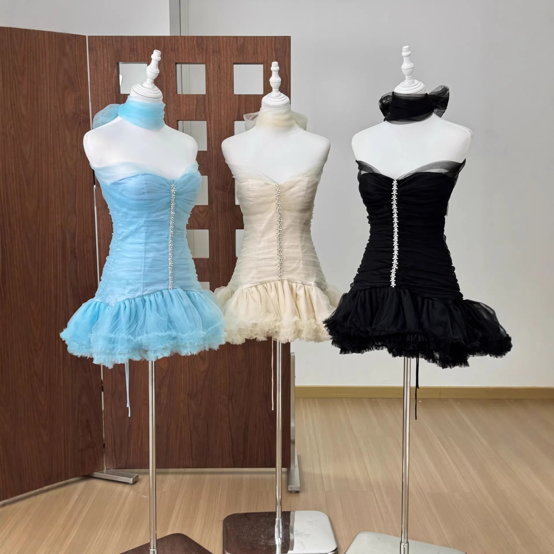 

Sweet Romantic Bustier Tulle Skirt Patchwork Diamond Waist Cinching Puffy Short Dress Evening Gown High Waist Cake Skirt