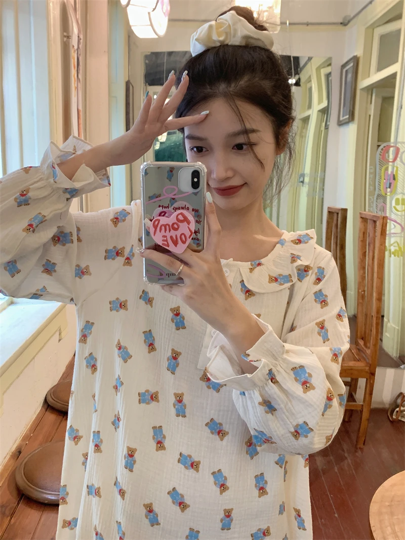 Printing Sweet Bear Korean Cartoon Long Sleeve NightDress Women Ins Vintage Warm Home Soft Kawaii Casual Long Sleepwear Cotton
