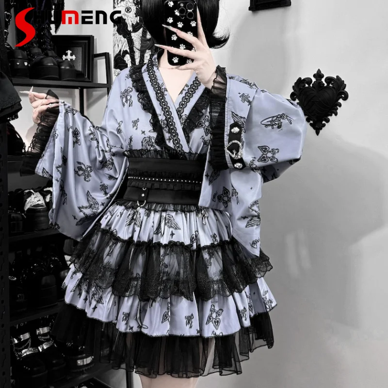 

Japanese Gothic Rivet Lace Yukata Top Matching Half Skirt Two Piece Set Fashion Vintage Street Outfit For Young Women Daily Wear