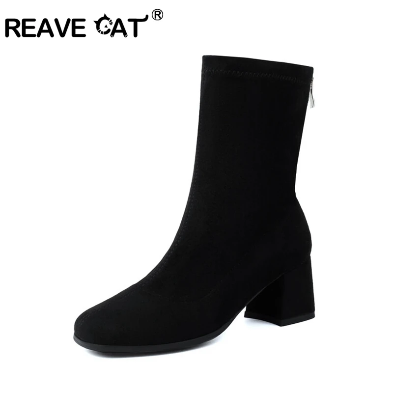 

REAVE CAT Fashion 6cm Block Heel Faux Suede Block Ankle Boots Stretchy Zip Autumn Antislip Shoes Big Size 48 US17 Green Black