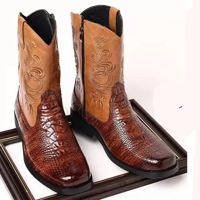Embroidery Men's Boots Retro Cowboy Boots New PU Leather Western Boots British Style Work Riding Boot Zipper Mid-Calf Boot 2026 view 2