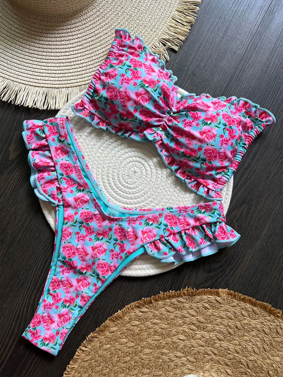 

Flowers Print Ruffled Frilled Bandeau Bikini 2025 Women Swimwear Female Swimsuit Two-pieces Bikini Set Bather Bathing Suit Swim