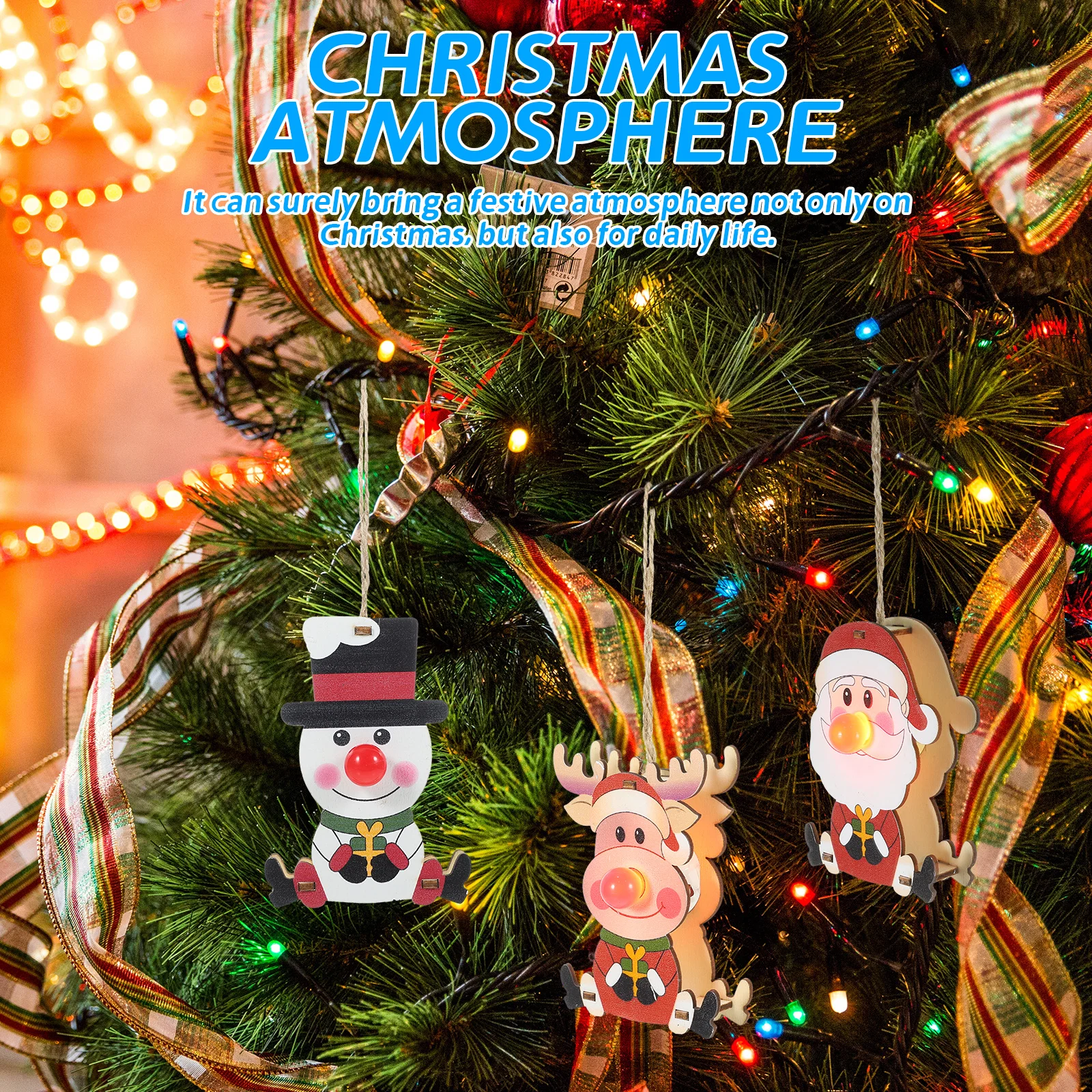 

3Pcs Glowing Nose Reindeer Christmas Hanging Pendant Elegant Snowman Santa Claus Ornament Xmas Tree Decor Party Decoration