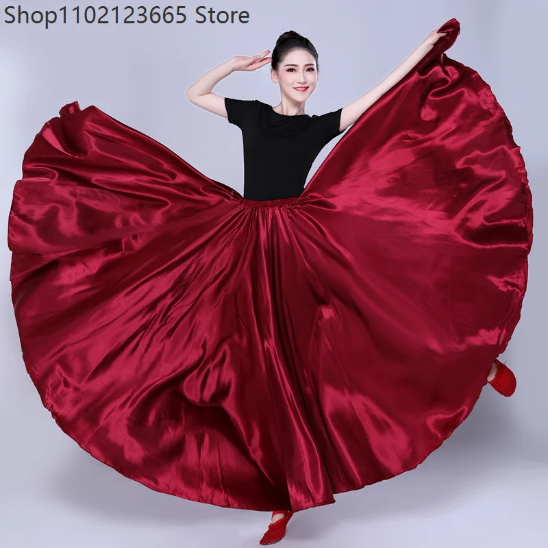 

720Women's Strengthen Satin Long Skirt Elasticized Waistban Ballroom Long Latin Belly Dance Full Circle Dance Skirt Performance
