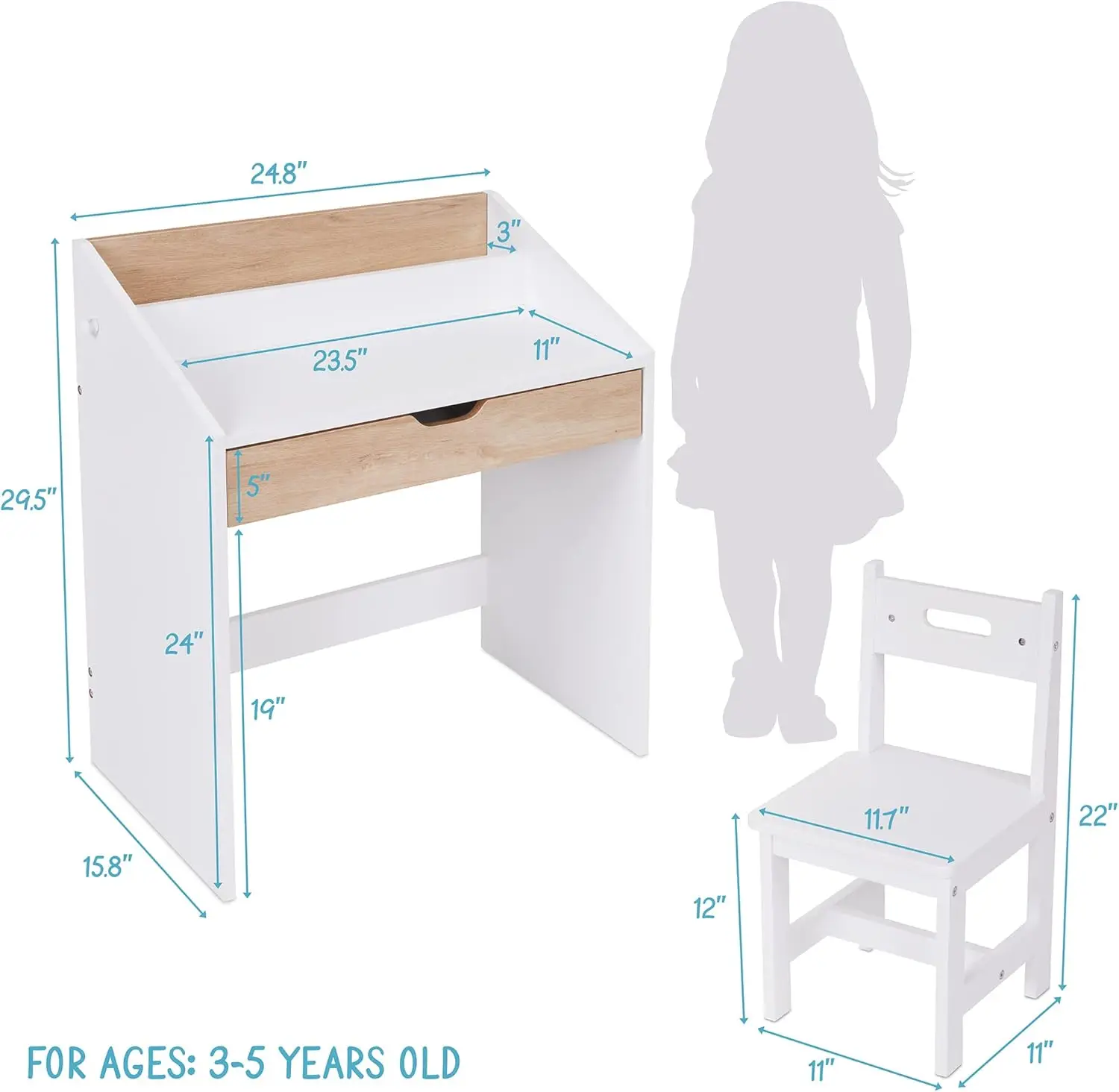 Toddler Wooden Study Desk and Chair Set, Home School Learning Workstation with Writing Table, Storage Drawer