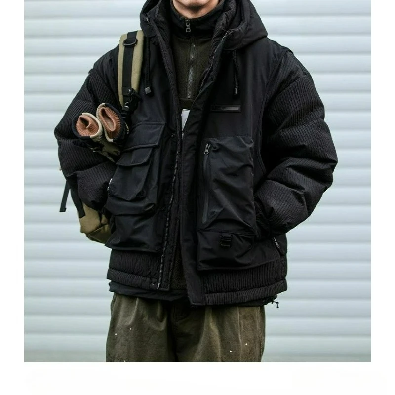 Winter outdoor patchwork design sense workwear hooded down cotton-padded jacket men's trendy brand loose thick large-sized coat