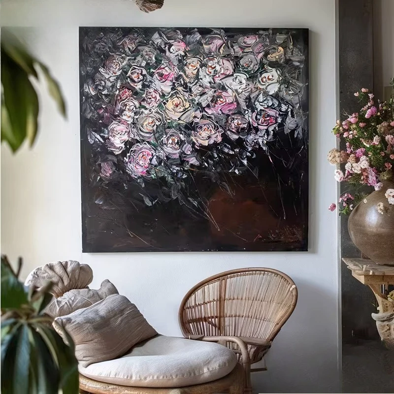 French high-end living room flower art texture oil painting