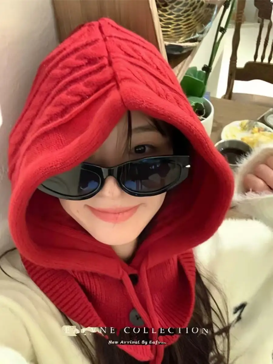 Women's 100% cashmere pullover hat knitted thick couple ear protection hat winter lazy style balaclava Cap scarf one-piece hat