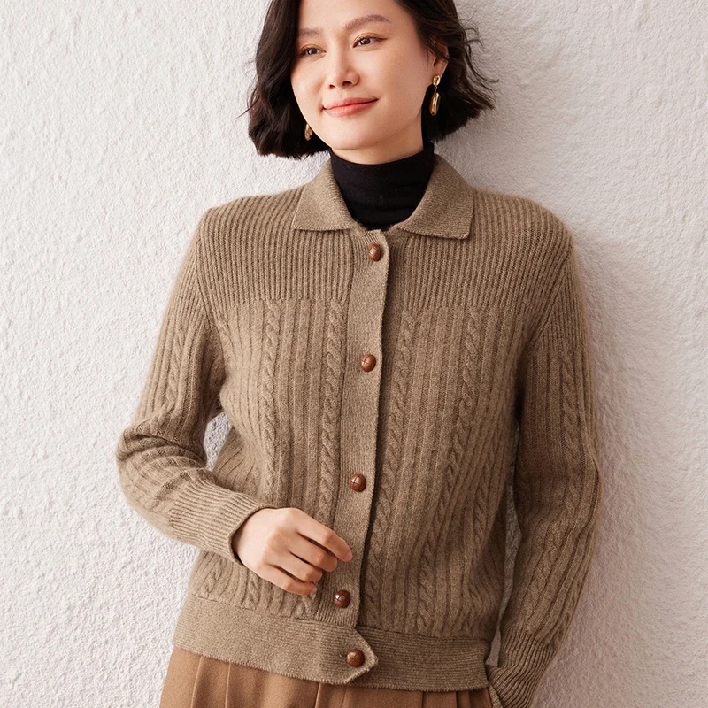 

Осень-зима, новый 100% кашемировый кардиган, женский воротник-поло, топ в ленивом стиле, свободный вязаный свитер с длинными рукавами, пальто