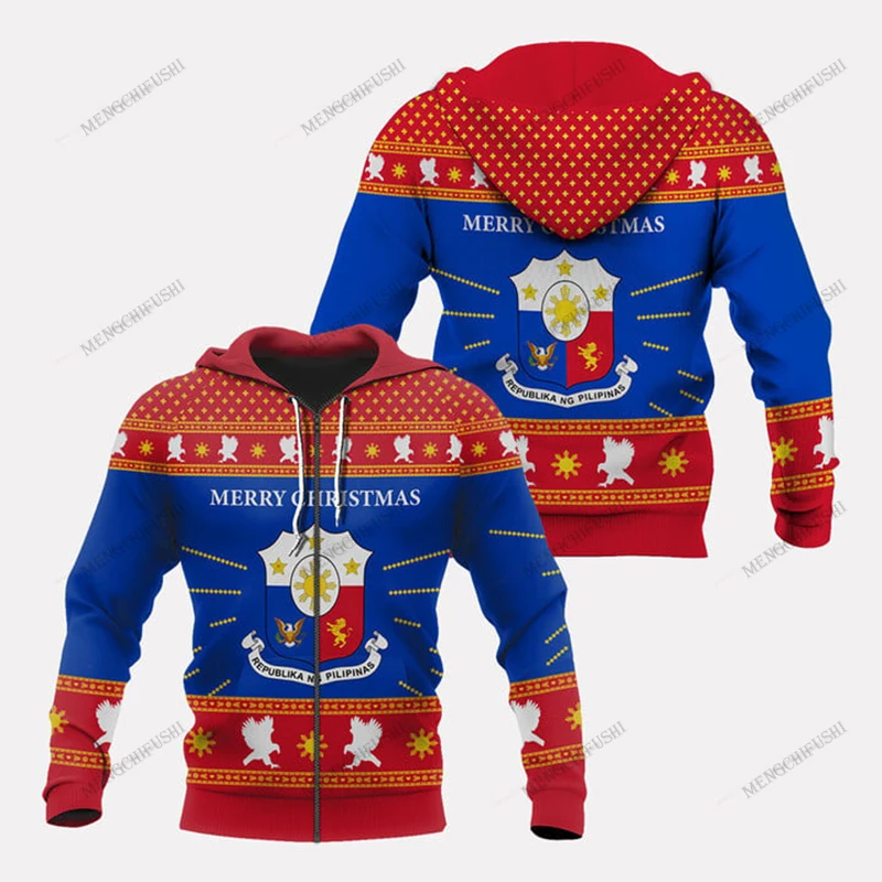 

Custom Name Philippines Emblem Christmas Zipper Hoodies Unisex Oversize Sweatshirts Winter Casual Streetwear Tops Pullover