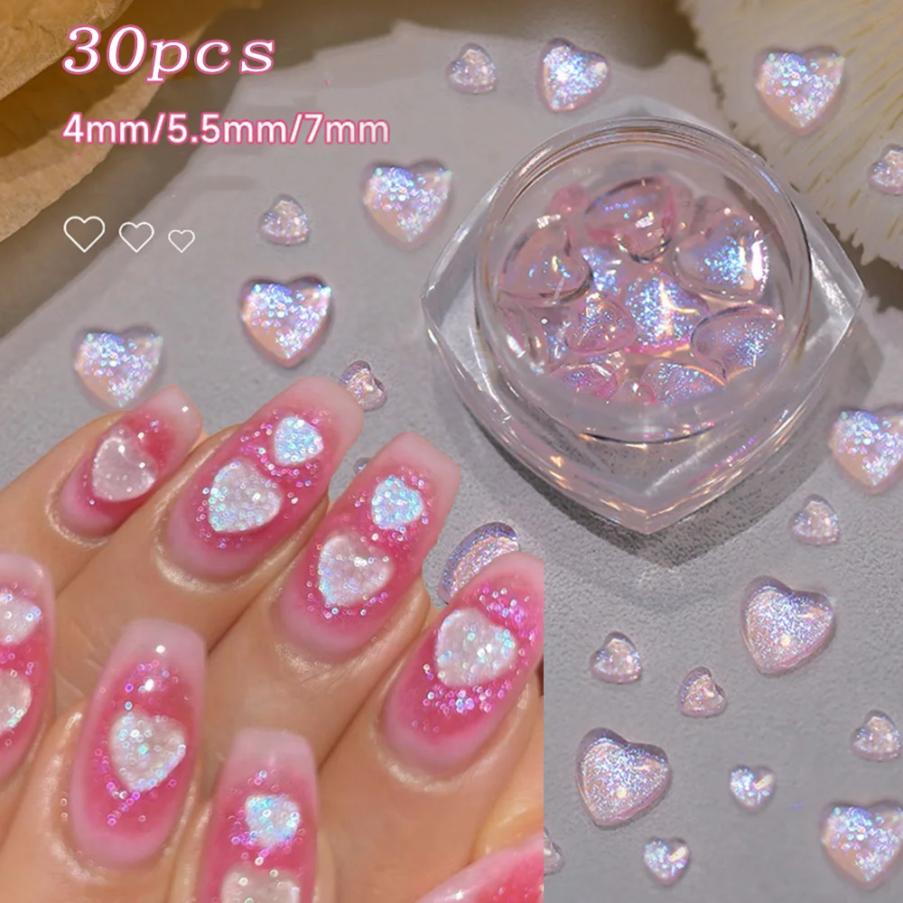 30Pcs/Box Pink Crystal Heart Nail Rhinestone 3D Resin Flat Back Aurora Glitte Heart Love Nail Charms Jewelry Nail Art Decoration