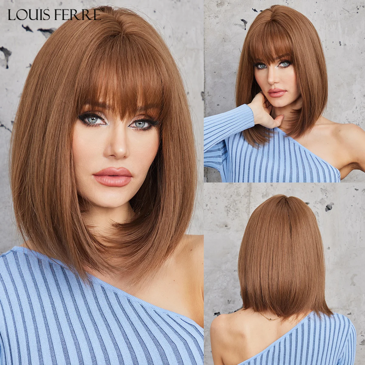 LOUIS FERRE Short Straight Synthetic Wigs for Women Brown Bob Wigs with Bangs Daily Cosplay Medium Length Heat Resistant Hair