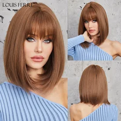 LOUIS FERRE Short Straight Synthetic Wigs for Women Brown Bob Wigs with Bangs Daily Cosplay Medium Length Heat Resistant Hair