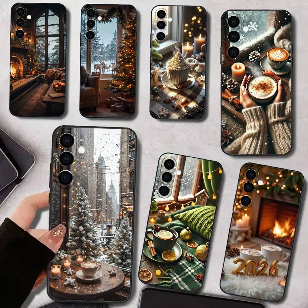 Christmas winter Coffee  Phone Case For Samsung Galaxy A73,A72,A71,A70,A53,A52,A51,Soft Silicone Black Cover