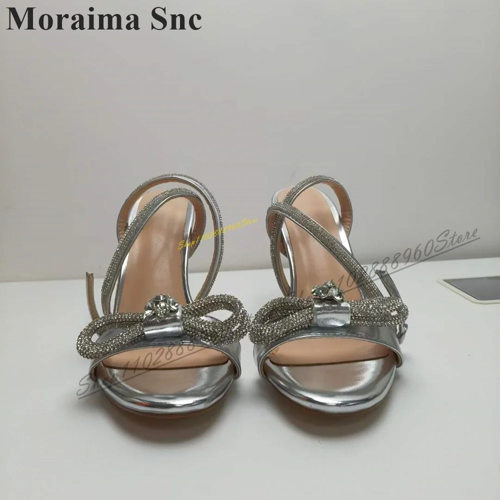 Metallic Zilveren Kristal Bling Sandalen Dunne Hoge Hak Damesschoenen Enkelgesp Riem Open Teen 2024 Mode Zapatos Para Mujere