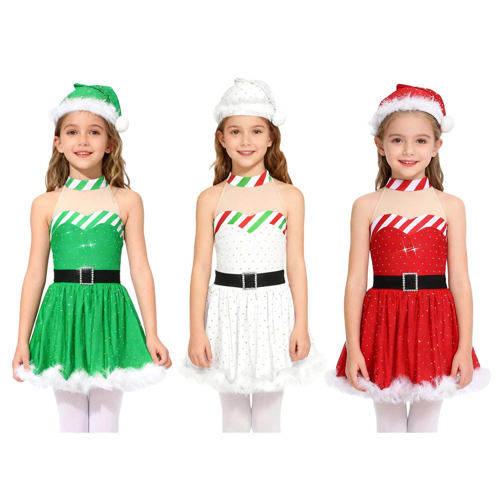 الأطفال الفتيات عيد الميلاد سانتا كلوز قزم ثلج تأثيري فستان لامعة الراين الباليه الرقص التزلج يوتار توتو مع قبعة عيد الميلاد #3