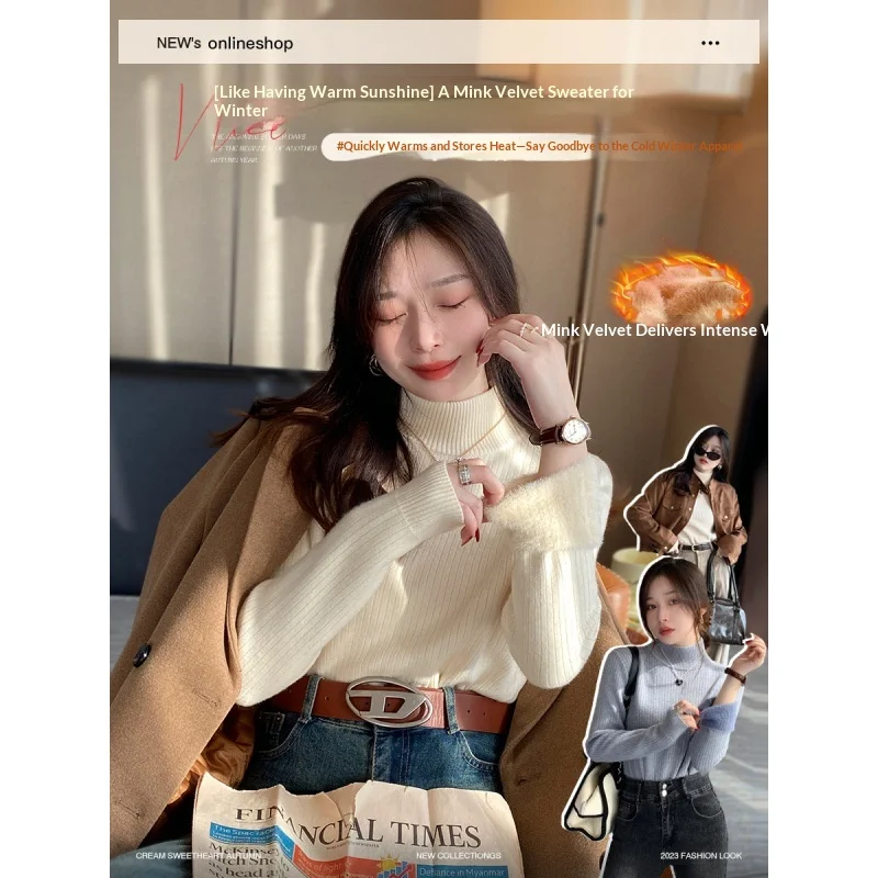 Women Winter Fleece Lined Sweater Thickened Base Layer Half Turtleneck Knit Top 2026 New Autumn High End Knitted Pullover for La