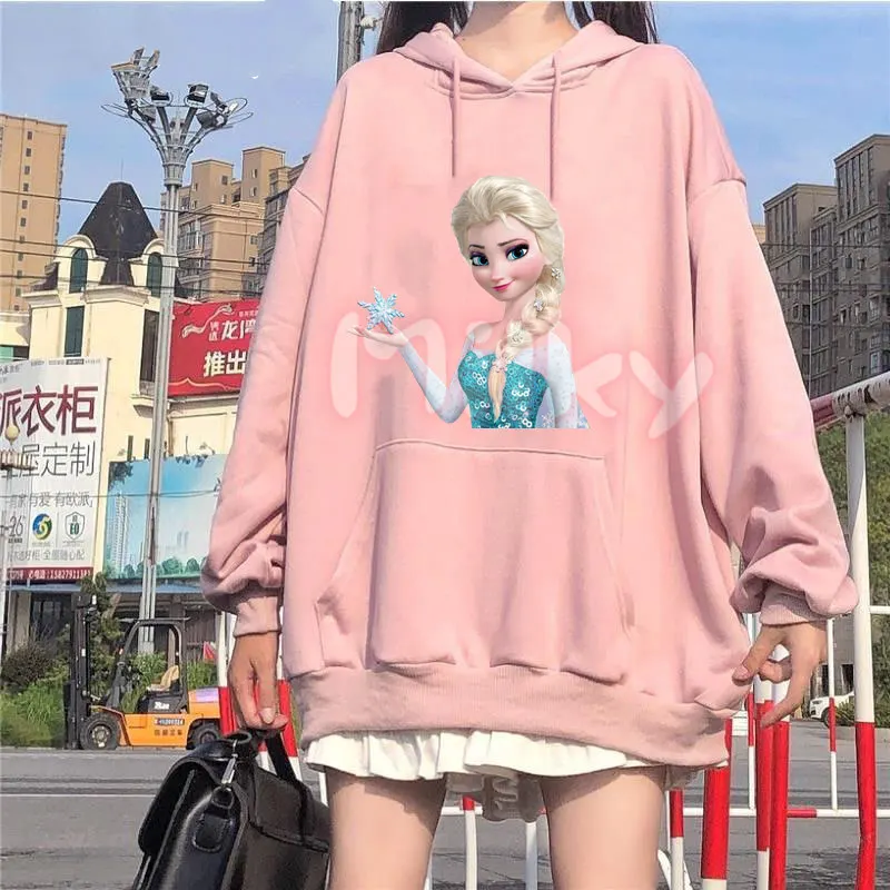 Cartoon Prinzessin Hoodie Gefrorene Elsa Oversize Kapuzenpullover Frau Ästhetische Lange Ärmel Weiche Crewneck Streetwear Kleidung