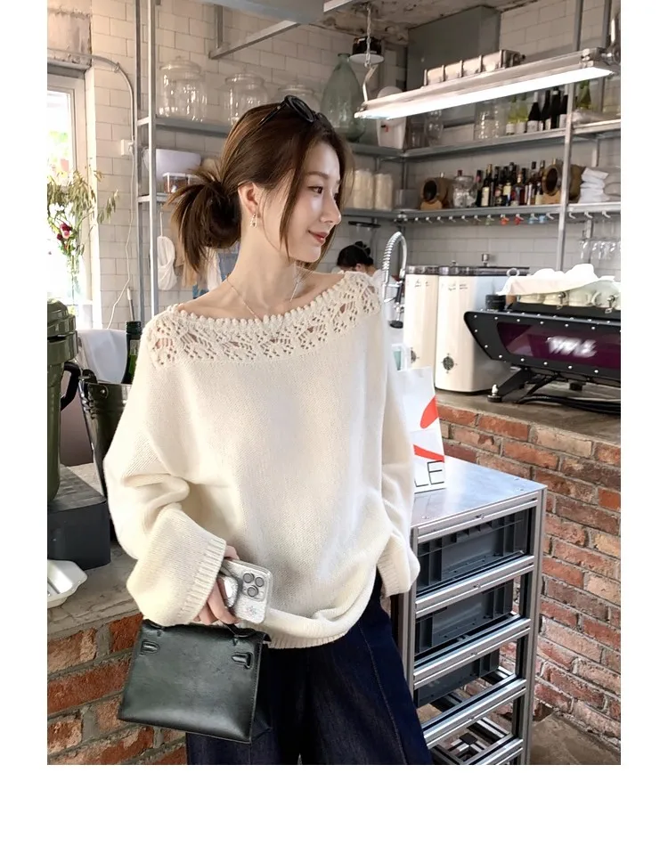 

Полый кружевной вязаный свитер с одним вырезом для женщин, осенний свободный и ленивый топ с длинными рукавами