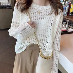 ITOOLIN Summer Women Long Sleeve Loose Casual Top Hollow Out Sexy Knit Shirt Beach Solid Y2k Pullovers Streetwear T-shirt 2024