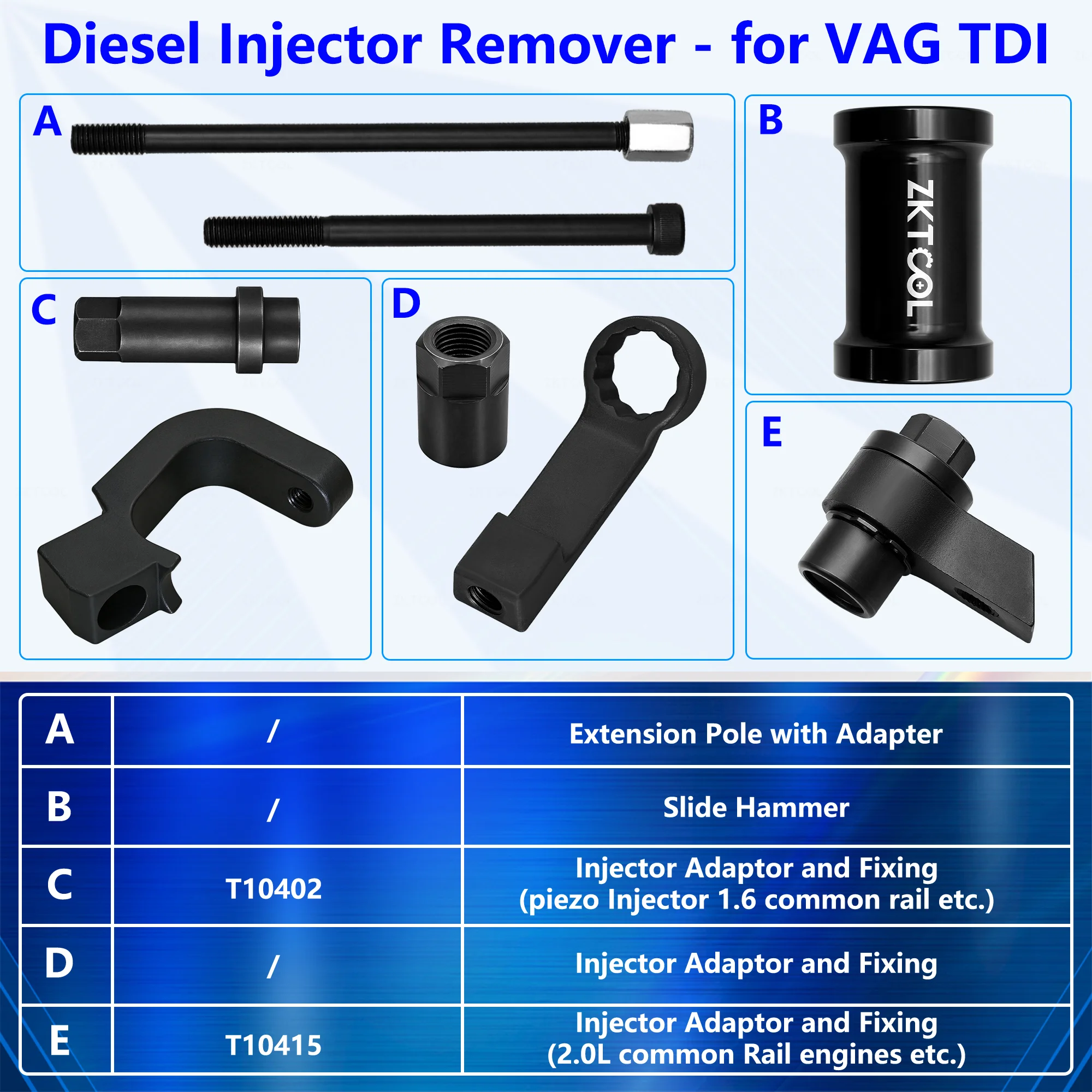 ZKTOOL 8Pcs Fuel Injector Removal Puller Kit for VAG 1.6 2.0 TDi Engine | OEM T10402 T10415 with 150mm Extension Pole Slide