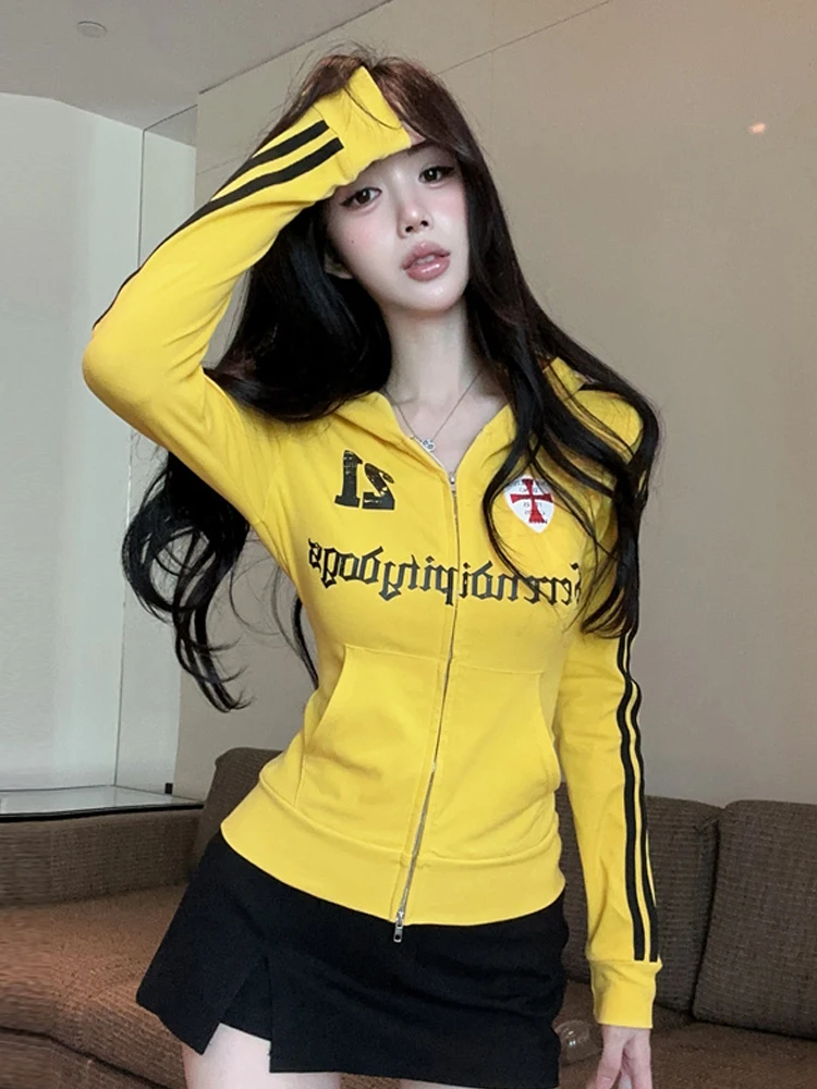 Casual Versatile Hot Girl Zipper Hoodie Jacket Pure Desire Waist Slimming Long Sleeve Letter Print Top for Young Women
