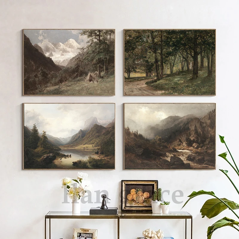 Rustic Mountain Gallery Wall Art Prints Vintage Forest Landscape Oil Painting Canvas Poster Nature Art Pictures Farmhouse Decor