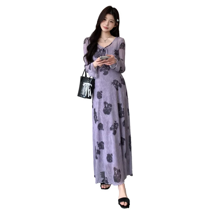 Maternity Dress Spring Autumn French Style Retro Elegant Purple Flower Print Maxi Dress Long Sleeve V Neck For Pregnant Women