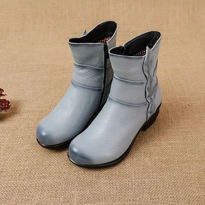 Anti-Slip Ethnic Style Women Low-Heel Leather Boots With Cotton And Velvet Insulation Genuine Leather Winter New Soft Boots