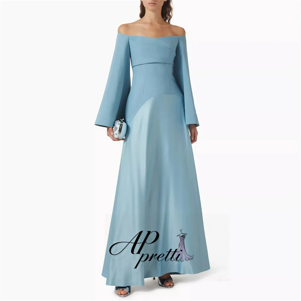 AP pretti Elegant Sky Blue Off the Shoulder Saudi Formal Evening Gown Long Sleeves A-line Wedding Reception Dress Customized ﻿