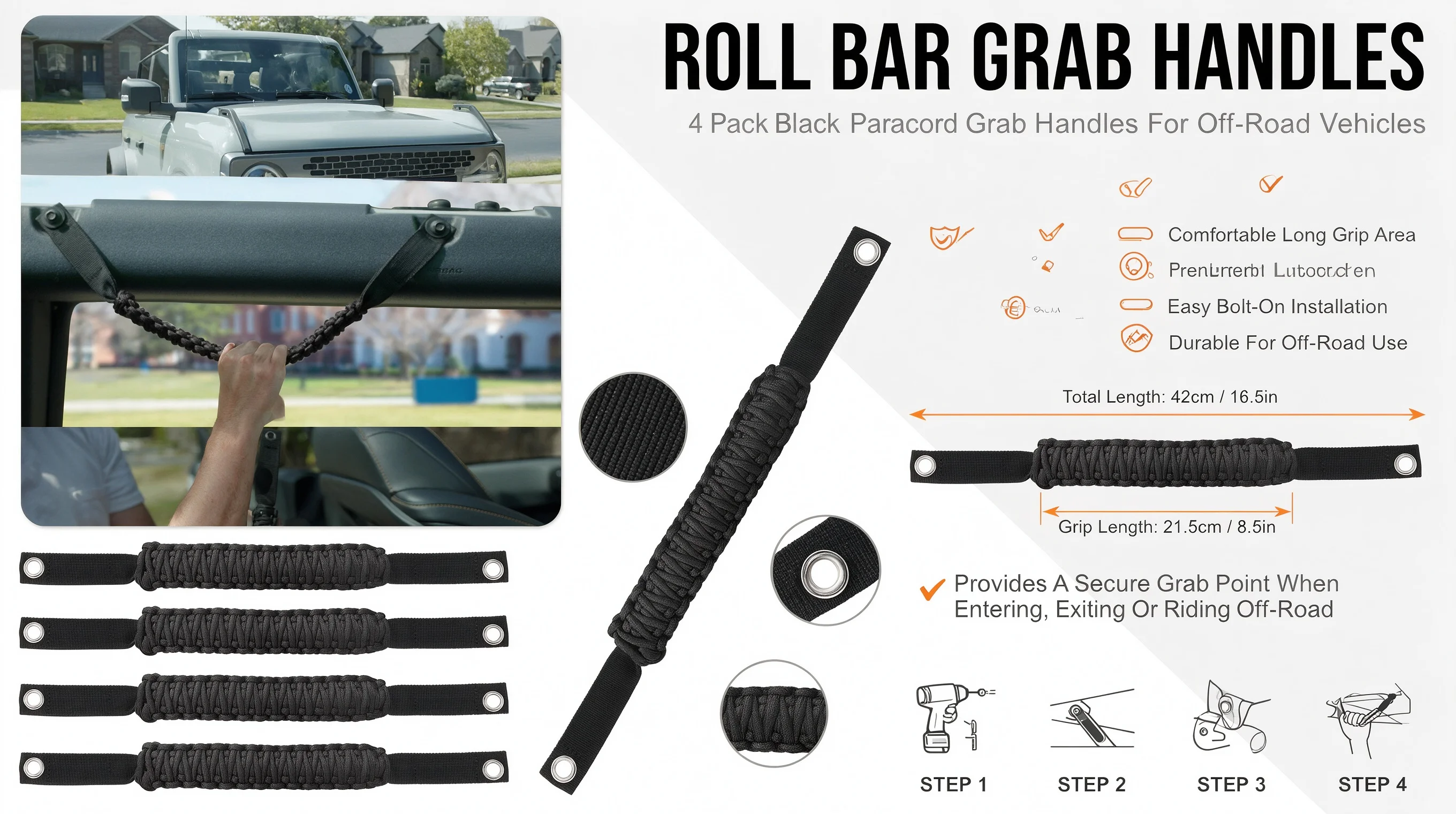 4 × Haltegriffe für Ford Bronco 2021–2024, Überrollbügel, Paracord-Griffgriffe, Ford Bronco Innenzubehör, 2 oder 4 Türen – Detail 2