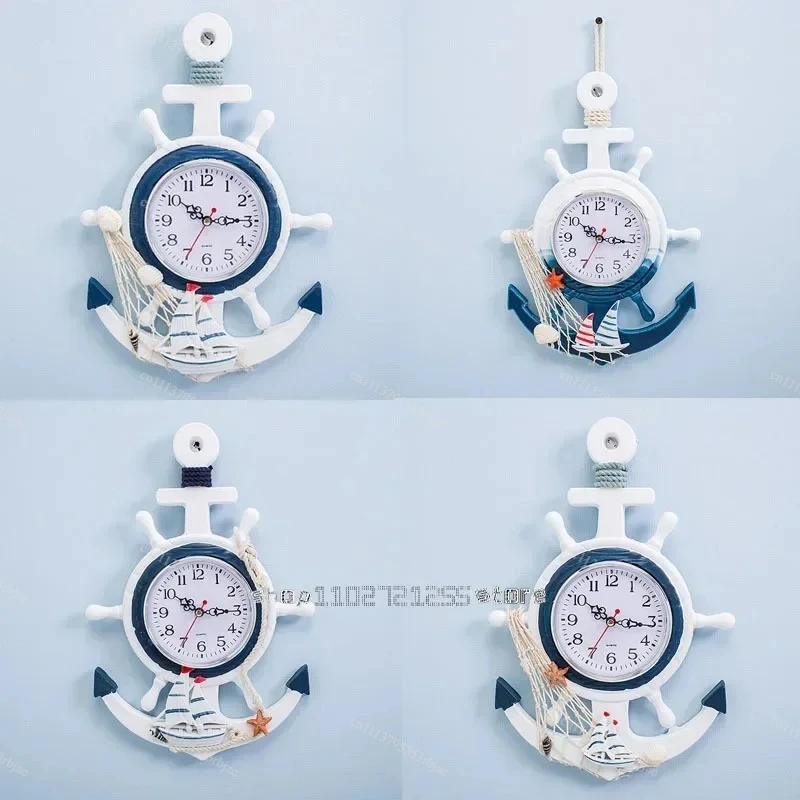 Creative Digital Wall Clock Mediterranean Style Anchor Clocks Beach Sea Theme Nautical Ship Wheel Decor Wall Hanging Decoration