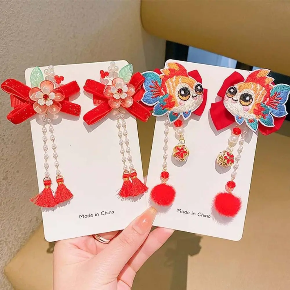 

Chinese Style Children's New Year Hairpin Tang Suit Hanfu Headwear Red Bow Barrettes Tassel Cute Ancient Style Hair Clips