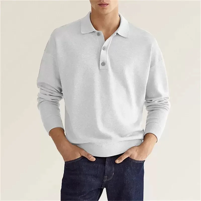 Men's long-sleeved lapel polo shirt, loose-fitting and casual golf sports T-shirt, button-down top for work occasions