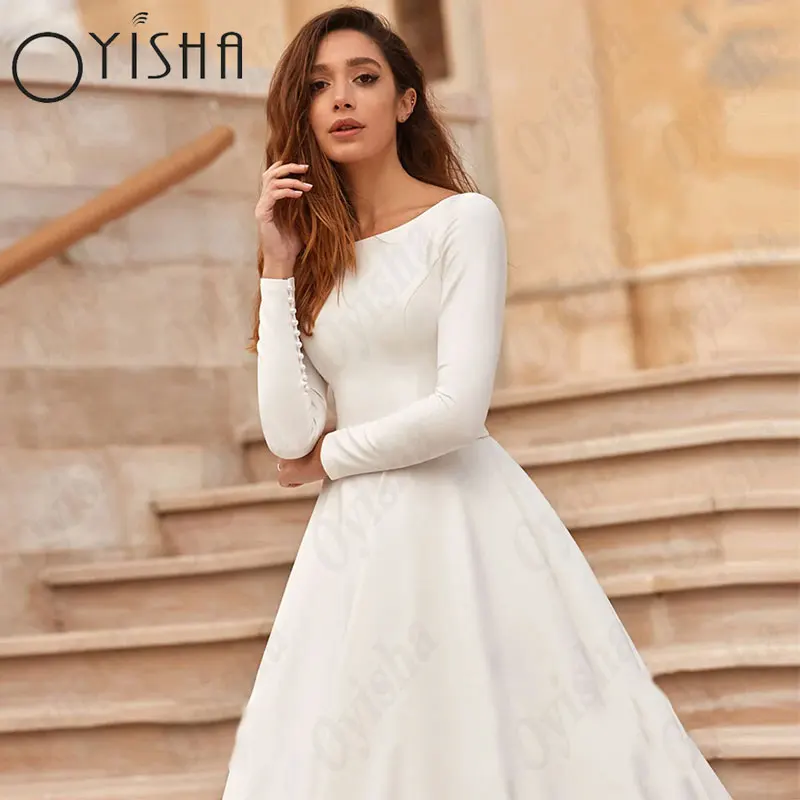 OYISHA Scoop a-line abiti da sposa bianchi eleganti maniche lunghe Appliques in raso abiti da sposa perle squisite Vestido De MariagesOYISHA Scoop A-Line Abiti da sposa bianchi Eleganti maniche piene in raso Appliques