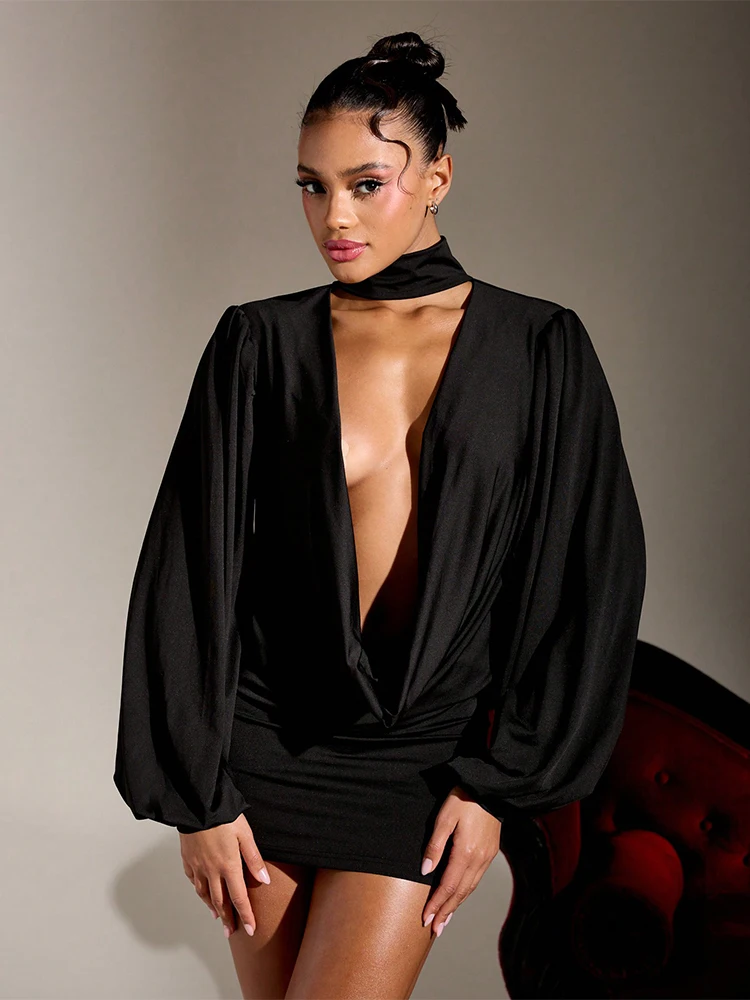 Cutenew col pivotant dos nu robe femmes Sexy bas poitrine écharpe bouton lanterne manches pêche hanche élégant Stretch mince moulante