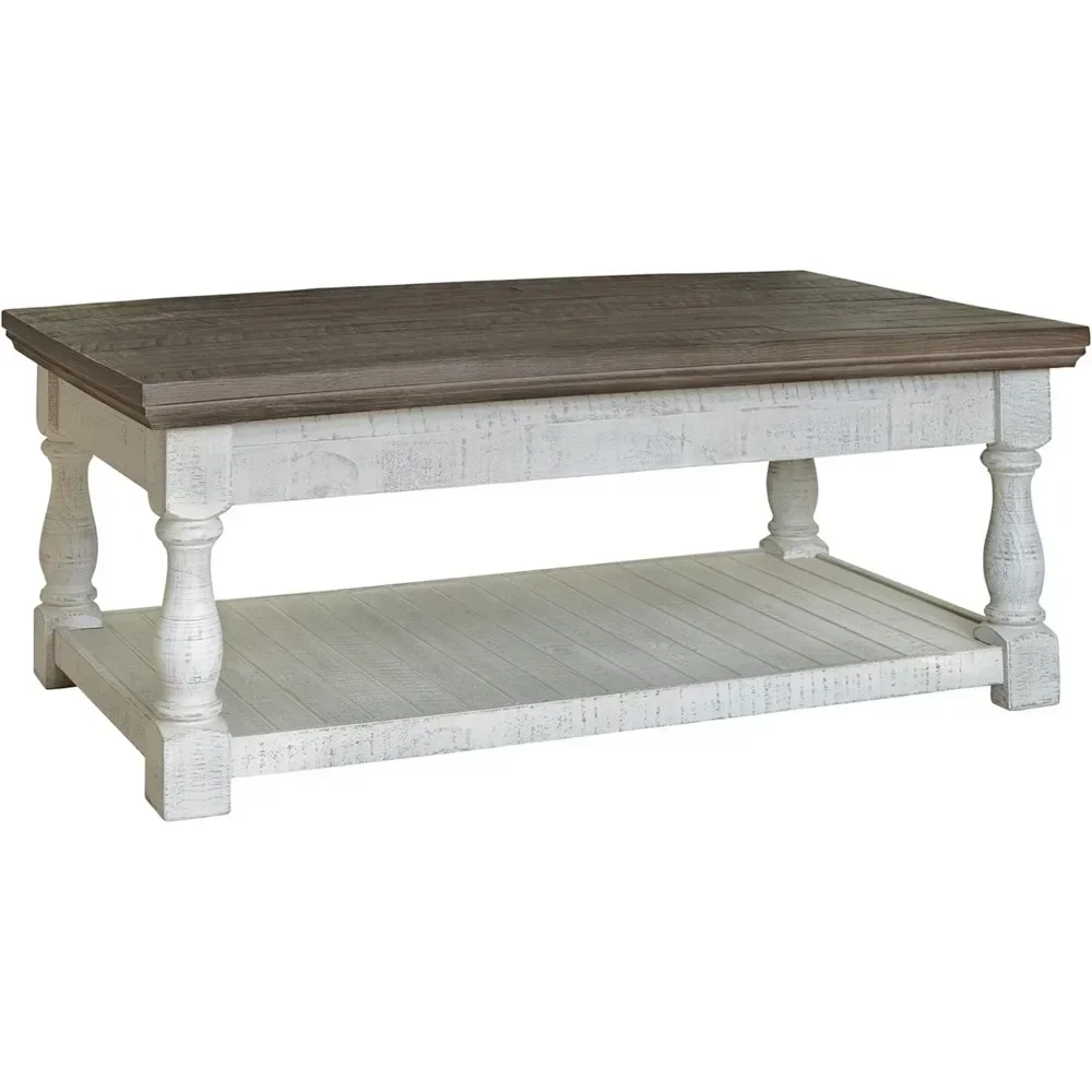 Havalance-Table basse élévatrice avec étagère pour partenaires, 2 plateaux de rangement cachés, gris et blanc, finition patinée, ferme