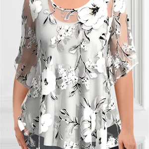 Halbschwächer Chiffonbluse, Rundkragen, durchscheinende Blumendruck, Plus Größe, Schwarz und Weiß, elegant 10 Hauptverkäufe Black Plus Size Bluse - №2
