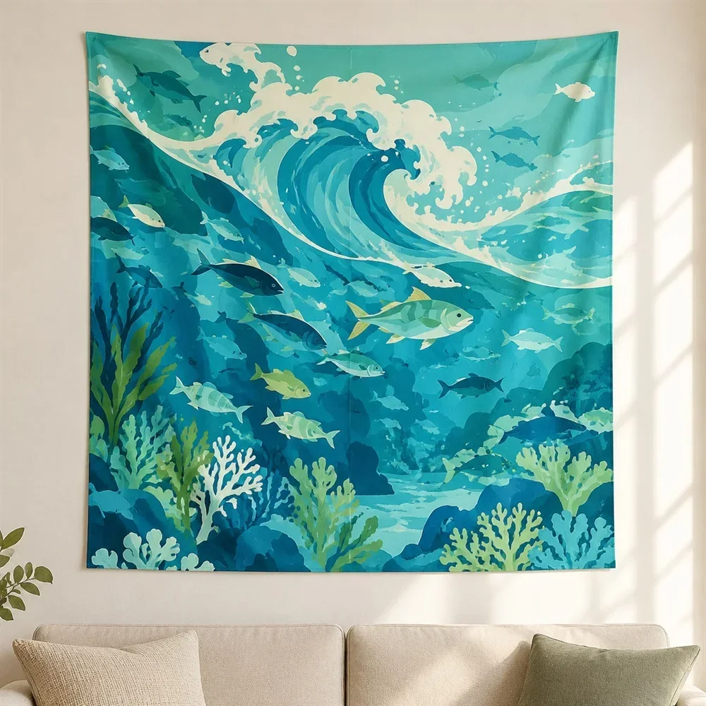 VIKAMA Paper Collage Ocean Tapestry Wall Hanging, Aesthetic Collage Room Decor Tapestries for Bedroom Living Room Study Dorm