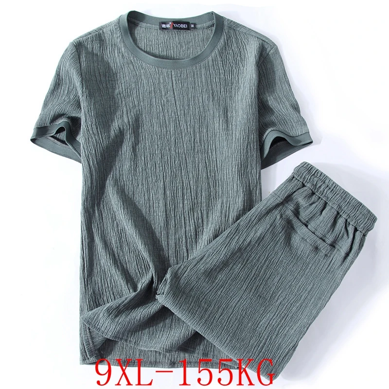 Summer New Large Size Casual T-Shirt Set 9XL 8XL 7XL 6XL Fashion Men's Round Neck Short Sleeve Loose Cotton Linen Two Piece Set