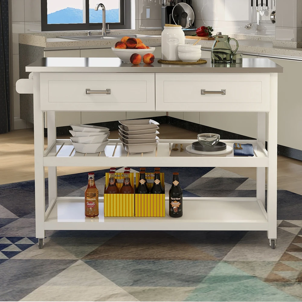 

Stainless Steel Table Top White Kicthen Cart With Two Drawers