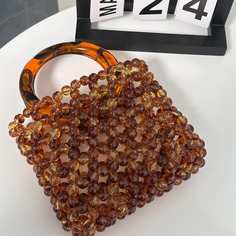 Amber Handbag Women\'s Fashion Vintage Ins Coffee Knitted Beaded Bag DIY Customized Summer Ladies Crystal Bags Sac à Main Femme